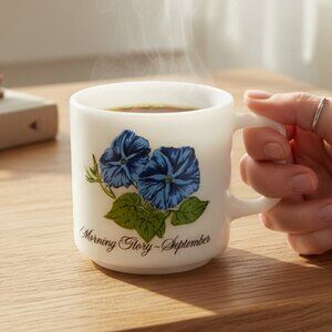 Vintage September Mug  Morning Glory Flower of the Month Milk Glass Cup | 1970s